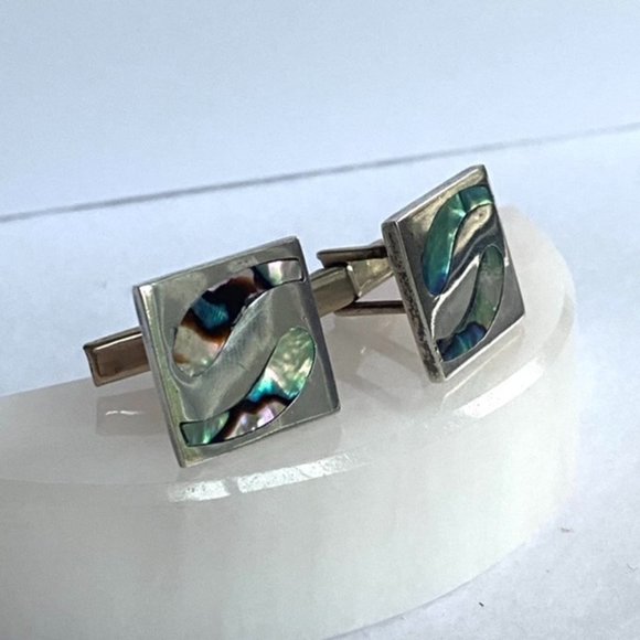 Sterling Silver A. Munoz Taxco Abalone Cuff Links - Picture 3 of 16